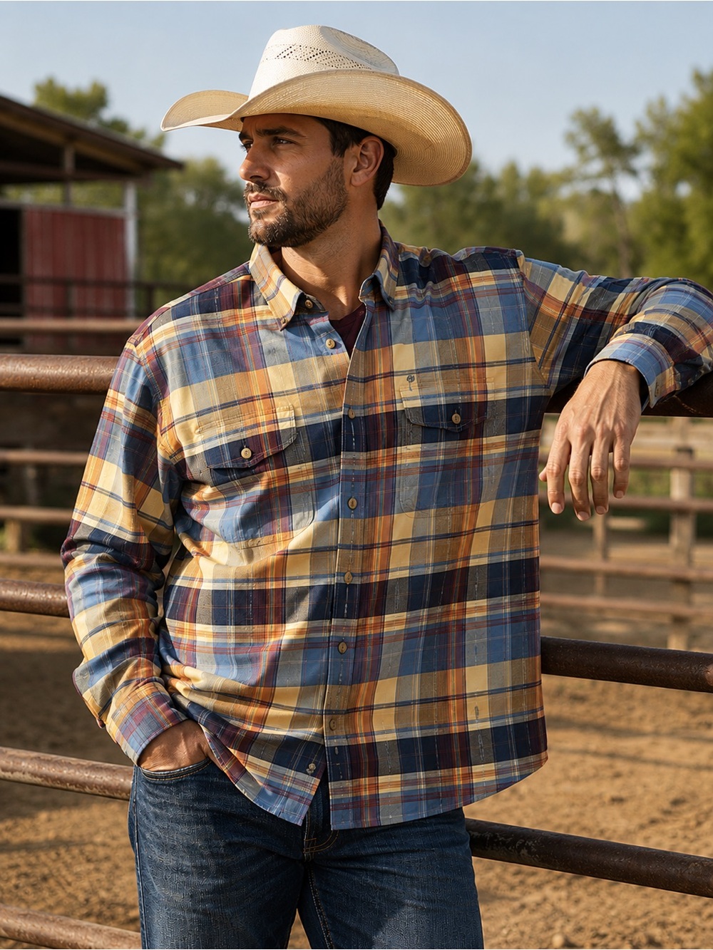 Roper Men’s L Plaid Western Button Shirt Blue Tan Orange Cotton Cowboy Ranchwear